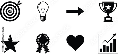 Black and white icons representing goals ideas success and achievement