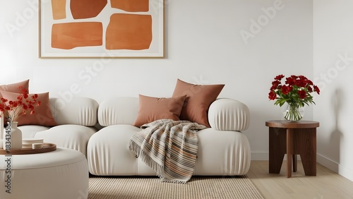 Cozy living room interior with neutral sofa and earthy accents