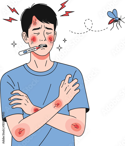 Man with High Fever, Body Rash, and Thermometer in Mouth Suffering from Mosquito-Borne Illness like Dengue or Malaria Vector Illustration