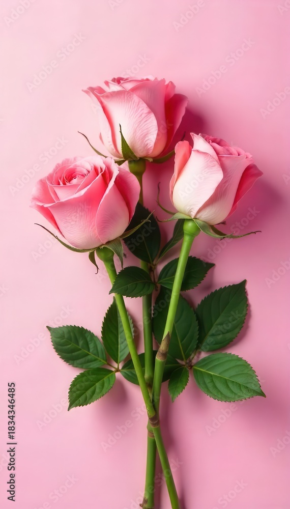 Naklejka premium Three delicate pink roses with vibrant green leaves arranged on a soft pink background