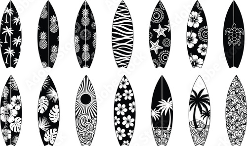 surfboard, tropical, beach, ocean, wave, hibiscus, pineapple, turtle, palm, starfish, black, white, outline, pattern, illustration