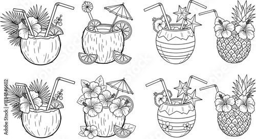tropical, drink, fruit, cocktail, summer, pineapple, coconut, hibiscus, straw, festive, illustration, black, white, stylized, vacation