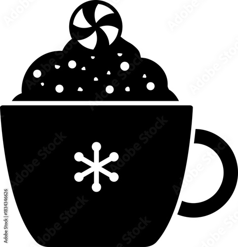 Winter drink and sweet icon.
Christmas mug decorated with spiral candies, snowflake patterns and butter silhouette isolated.
Transparent background. SVG.