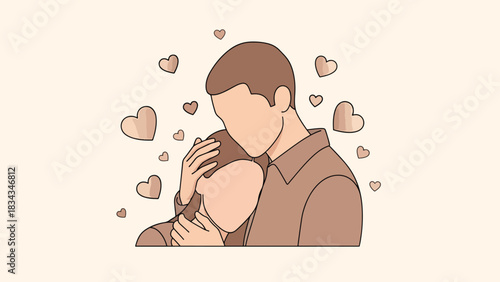 Romantic Couple Embracing with Hearts - Love and Affection Illustration