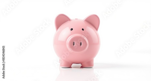 A classic pink ceramic piggy bank isolated on white, a symbol of saving and finance