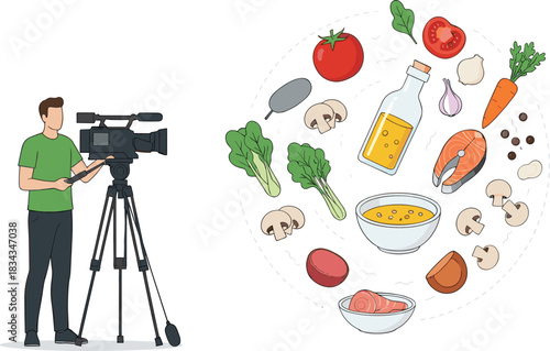Food Blogger or Vlogger Recording a Cooking Video with Professional Camera and Tripod Next to an Array of Healthy Ingredients Vector