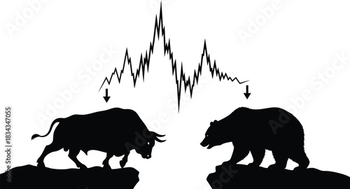 Bull and bear market silhouette with stock chart depicting financial trends