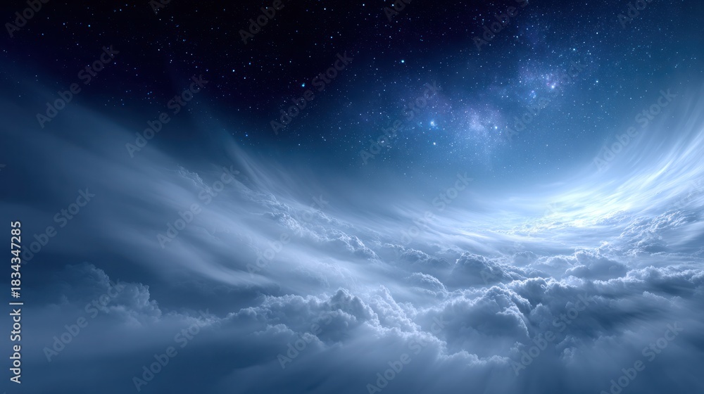 Obraz premium Celestial Canvas: A breathtaking panorama unfolds as clouds part, revealing a celestial tapestry of twinkling stars and ethereal light, creating an otherworldly, mesmerizing view.