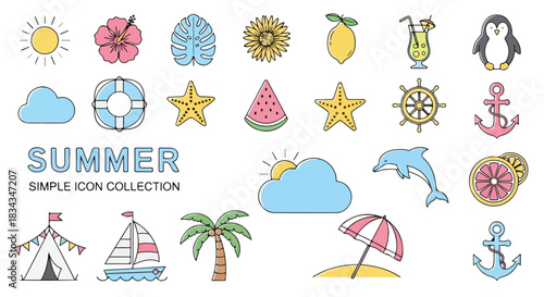 Vibrant hand drawn summer icons featuring beach and tropical elements