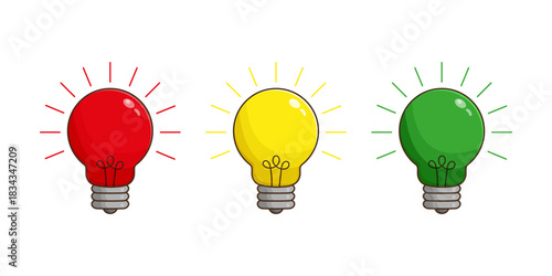 A set of bright cartoon-style light bulbs in traffic light colors, symbolizing ideas, inspiration and creativity. Suitable for presentations, banners, educational projects, apps, web design, book .
