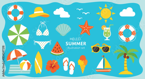 Vibrant collection of summer vacation icons and symbols on a bright blue background