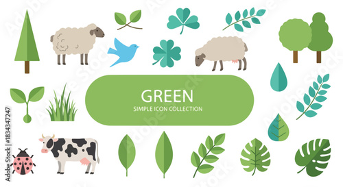 Collection of cute cartoon farm animals and green nature elements for eco friendly designs
