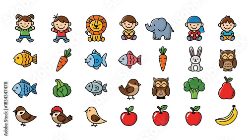 Collection of cute cartoon characters and objects for children s education and entertainment