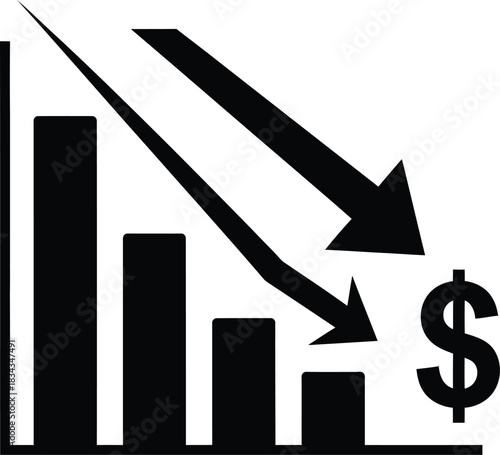 Economic downturn illustration showing decreasing bar graph downward arrows and dollar sign symbol