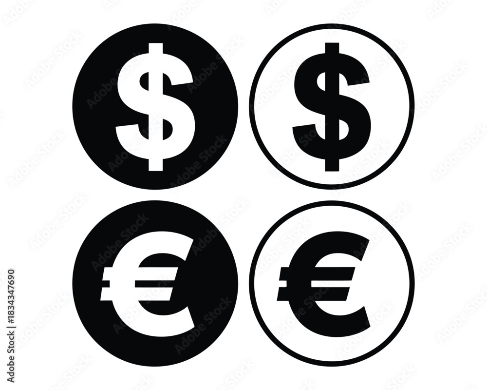 Obraz premium Dollar and Euro currency symbols, vector symbols representing money, finance, wallet, payment, and banking concepts for digital applications