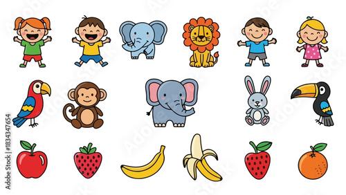 Collection of cute cartoon children animals fruits and flowers for kids education and fun