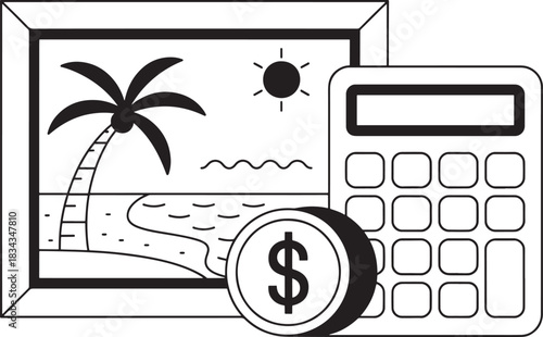 Vacation Savings Concept with Palm Tree Picture Calculator and Coin money finance