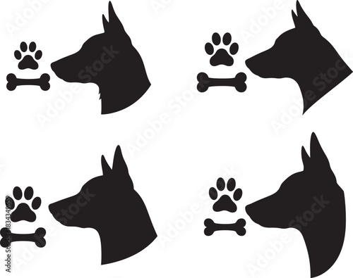 Four dog head silhouettes with paw print and bone icons