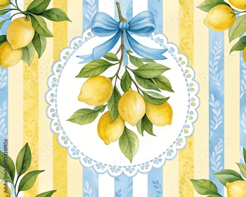 Vibrant watercolor illustration of a lemon branch with ripe yellow fruits and green leaves tied with a blue ribbon on a striped background