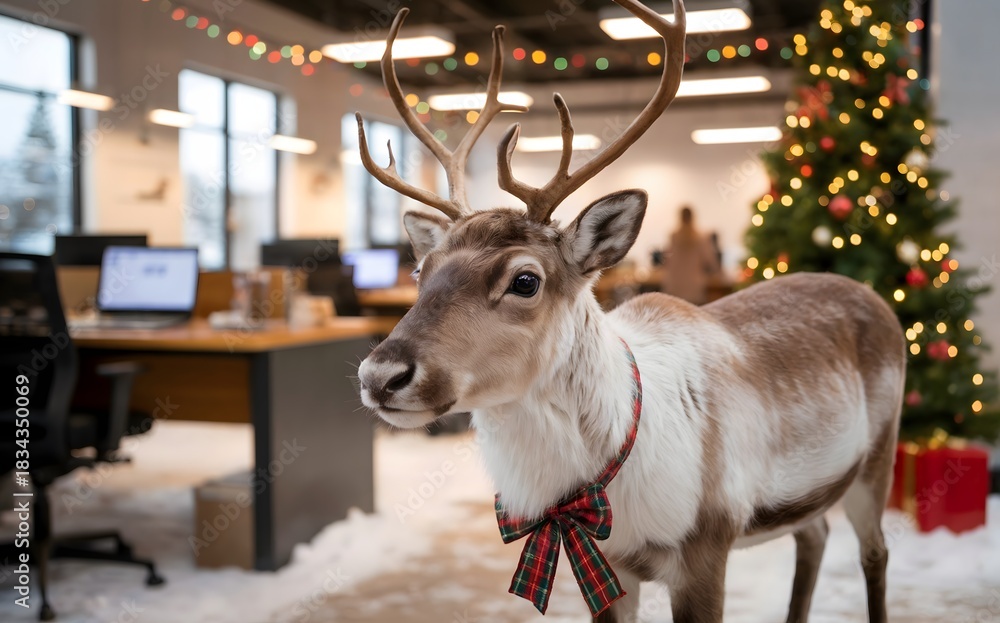 Fototapeta premium A realistic reindeer in a Christmas decorated office space. Celebrating Christmas for business, winter festivity. 
