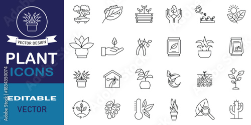 Plant icon set in line style. Agriculture vector concept. Set of 24 icon related to different plants. Plant pot line icon. Editable stroke. Vector illustration.