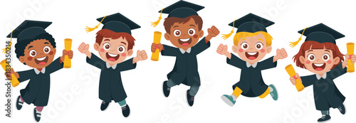 Cartoon children in graduation gowns, holding diplomas, jumping with joy, academic success, diverse students, festive celebration, educational milestone, cheerful pose