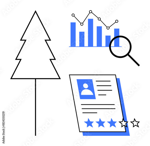 Tree outline, bar graph with trend line, magnifying glass, and profile document with star ratings. Ideal for data analytics, environmental studies, evaluation, recruitment, research statistics