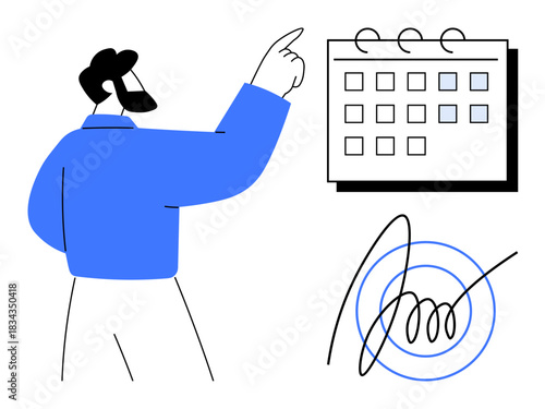 Man pointing at calendar with marked dates, emphasizing organization. Signature suggests confirmation or agreement. Ideal for planning, deadlines, scheduling, time management, agreements