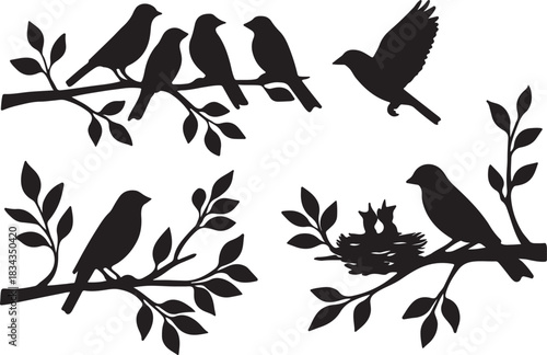 Bird silhouettes perched on branches, flying bird, baby birds in nest, nature wildlife scene, black vector illustration, isolated on white background