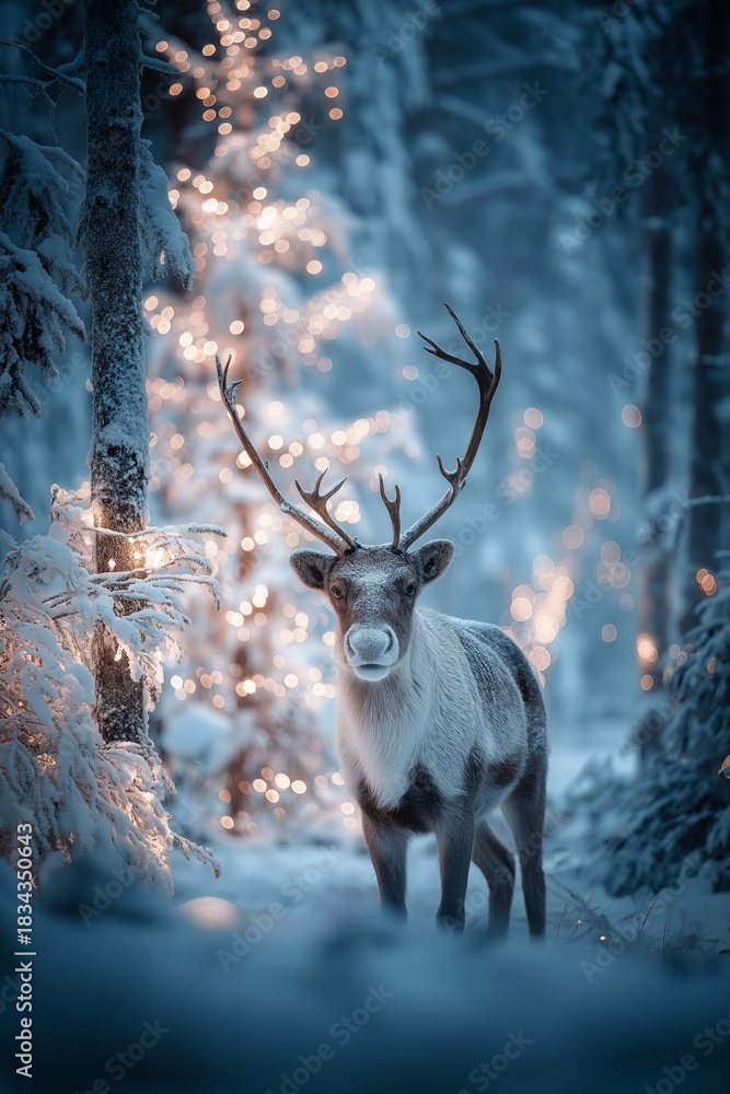 Naklejka premium Reindeer standing in snowy forest with magical Christmas lights. Reindeer standing in deep snow, illuminated by magical Christmas lights in a winter forest