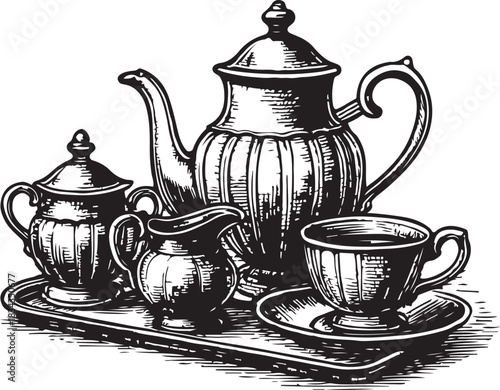 Elegant tea ware display for afternoon tea, perfect for café menus or vintage-themed designs, a timeless monochrome illustration in a classic style