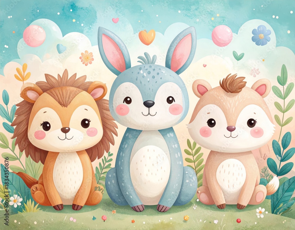 Obraz premium Cute whimsical children’s illustration of friendly animal characters, soft shapes, pastel colors, gentle outlines, playful and heartwarming mood, perfect for kids books, prints, and educational materi