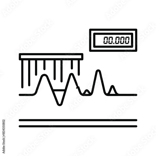 Outline icon showing digital measurement display, waveform graph, and bar spectrum for data analysis, audio processing, or scientific monitoring