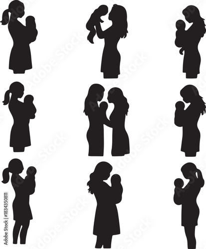 Mother holding baby silhouette collection, a set of full body women standing with their newborn children