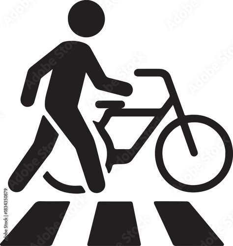 Pedestrian and Bicycle Crossing A simple yet powerful icon representing a person walking and pushing a bicycle across a crosswalk