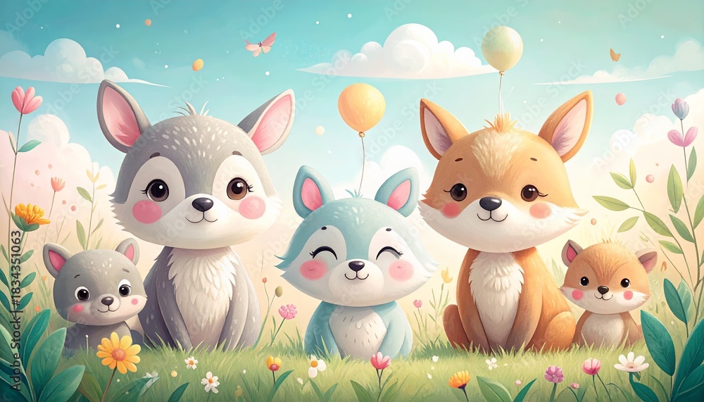 Naklejka premium Cute whimsical children’s illustration of friendly animal characters, soft shapes, pastel colors, gentle outlines, playful and heartwarming mood, perfect for kids books, prints, and educational materi