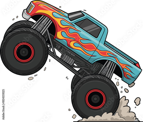 Monster truck jumping over dirt terrain, blue body, flame graphics, off-road vehicle, extreme sport, stunt action, lifted suspension, rugged tires