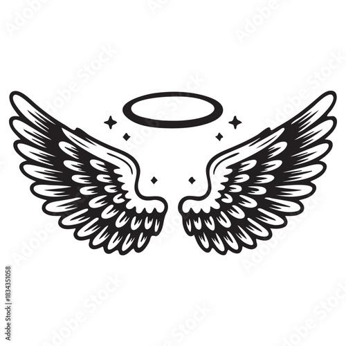 Black Silhouette Angel Wings With Halo And Stars vector