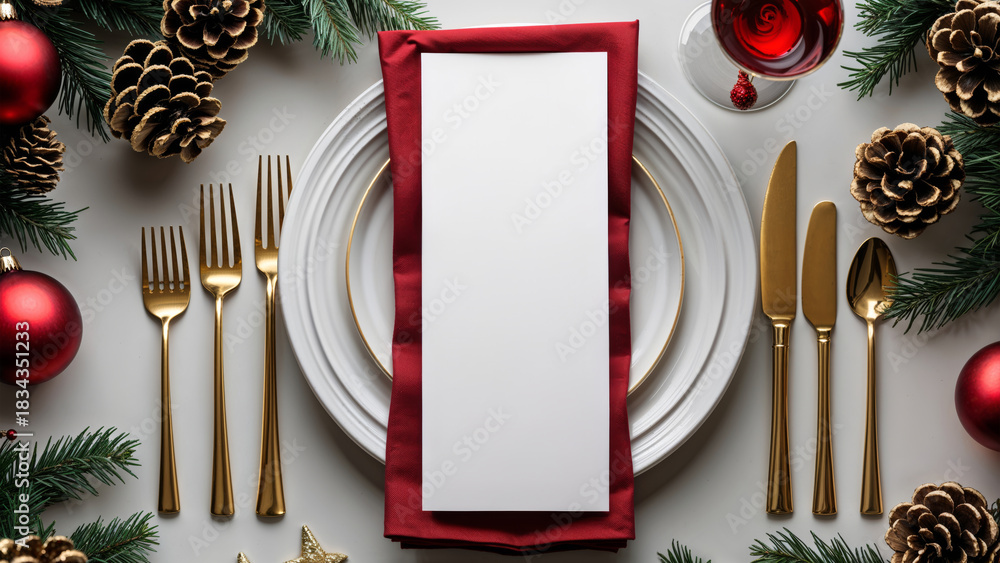 Naklejka premium Christmas Dinner Table Setting with Blank Menu Card