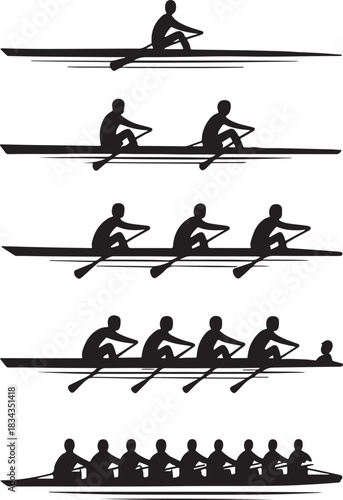 Silhouettes of single, double, quad, and eight-person rowing teams, sculling and sweep boats, competitive crew sport vector illustration, water racing concept