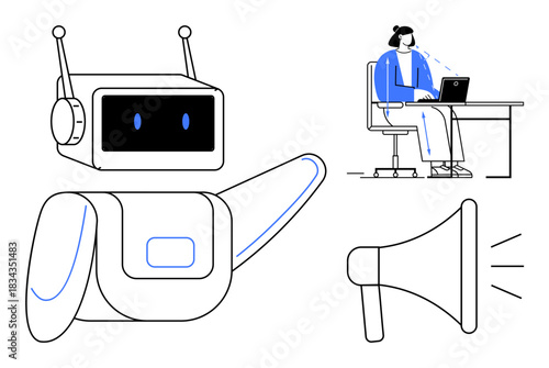 Artificial Intelligence communication. AI enhances messaging, connecting robots and humans for efficient digital interaction. Artificial Intelligence streamlines tech use. Technology, robotics