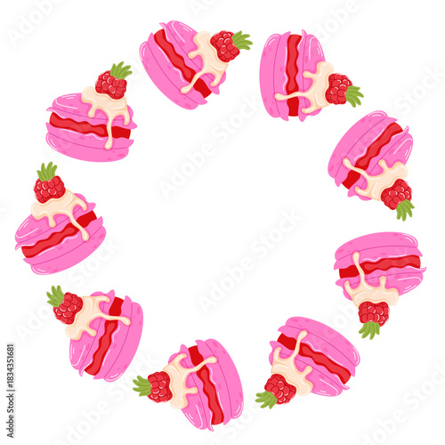Wreath with pink macaroon with spreadable cream and raspberry on top in flat style. Valentine Day design for bakery card, cafe menu isolated on a white background.
