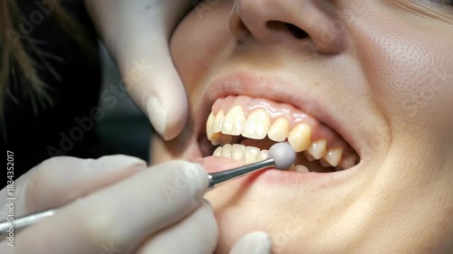 Dentist polishing woman's teeth with dental tool for healthy gums and oral hygiene.