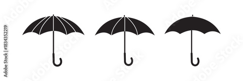 Umbrella Icon Set. Minimal Line and Silhouette Weather Symbols Vector. Umbrella Outline and Silhouette Icons – Simple Weather Vector Design. Black, flat color.