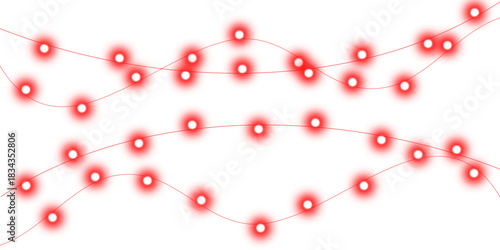 Festive red string lights with a soft glow arranged in wavy lines on a white background.