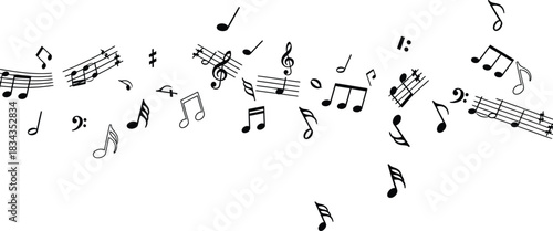 A dynamic and flowing composition of musical notes and symbols scattered across a white background, evoking a sense of melody and rhythm in its visual representation