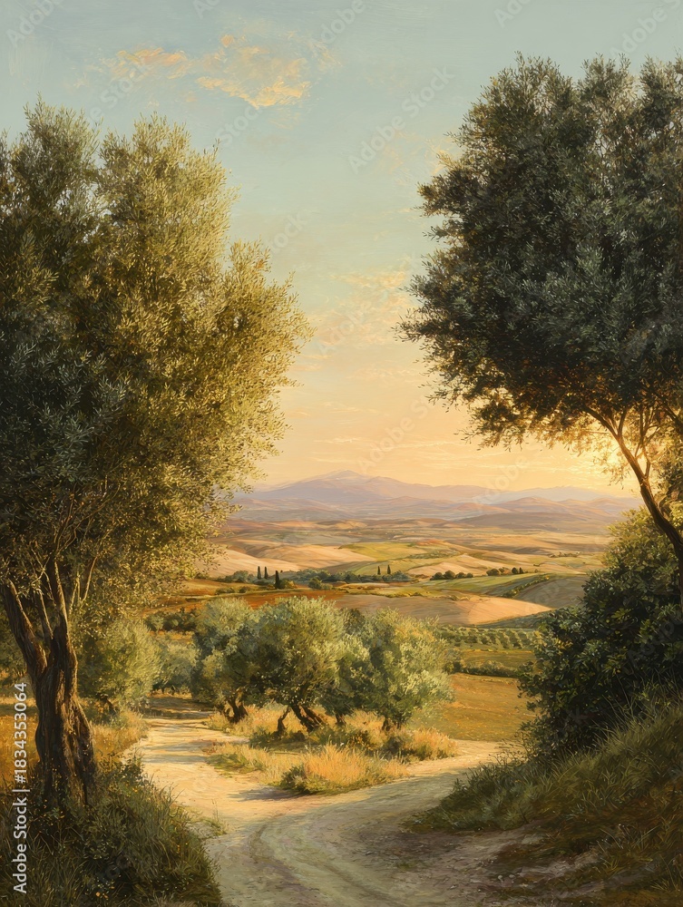 Fototapeta premium idyllic tuscany landscape with olive trees at golden hour