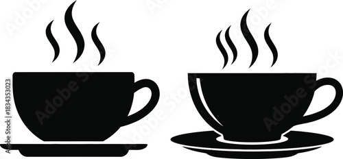 Clean vector silhouettes depicting two steaming hot beverage cups on saucers, ideal graphic elements for cafe menus, warm drink promotions, and diverse branding designs