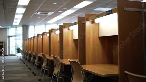 Interior shot of empty study carrels with chairs in library or school, education. Nobody sitting. Study desks in academic library.