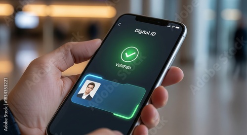 Hand Holding Phone Displaying Verified Digital ID Card. hand holding a smartphone. The screen displays a futuristic 